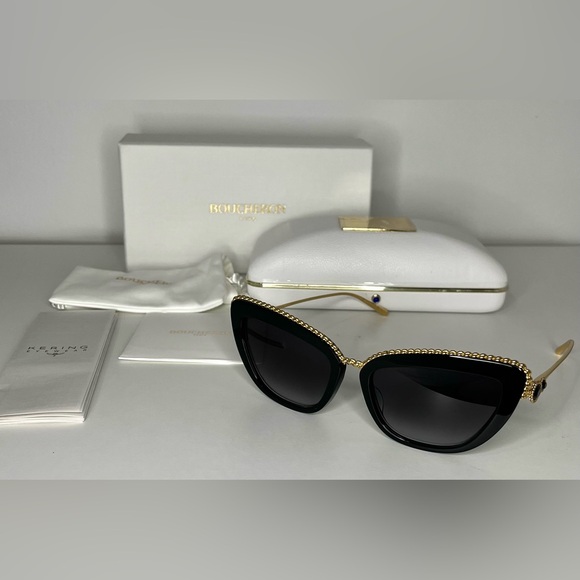 Boucheron NWT Embellished Cat Eye Sunglasses BC0140S 001 Black/Gold - Picture 7 of 12